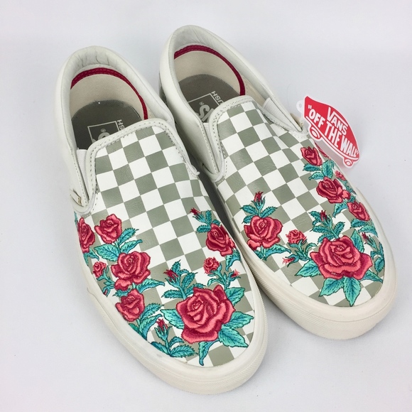 Vans Shoes - Vans Women's Gray White Checker Rose Slip On Shoes